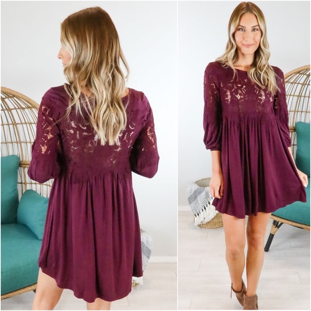1 LEFT! Eggplant Plum Crochet Detail Flowy All Seasons Dress - Picture 2 of 2